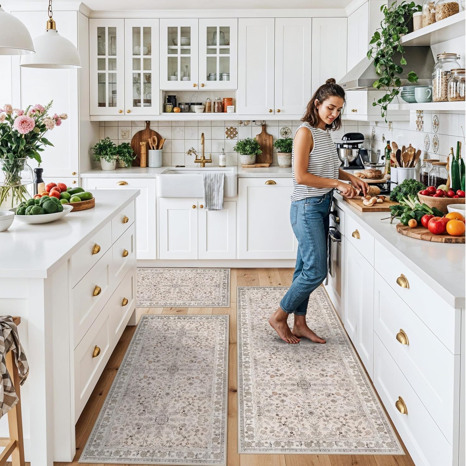 3-Piece Kitchen Rug Set of 3 with Runner – Non-Slip Washable Boho Kitchen Mats for Sink, Floor, Entryway & Hallway & Bathroom – Soft Small Throw Area Rugs, Home Decor (Beige,2x3+2x4+2x5)