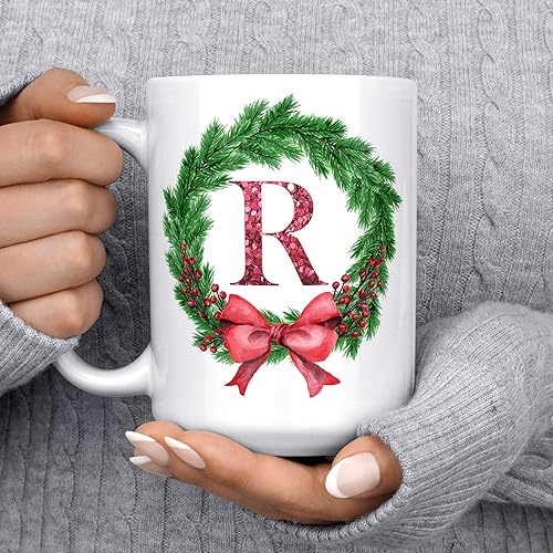 Miniatura 5 de The Foxy Mug Personalized Christmas Wreath Coffee Mug Pine Ribbon Monogram Ceramic Cup