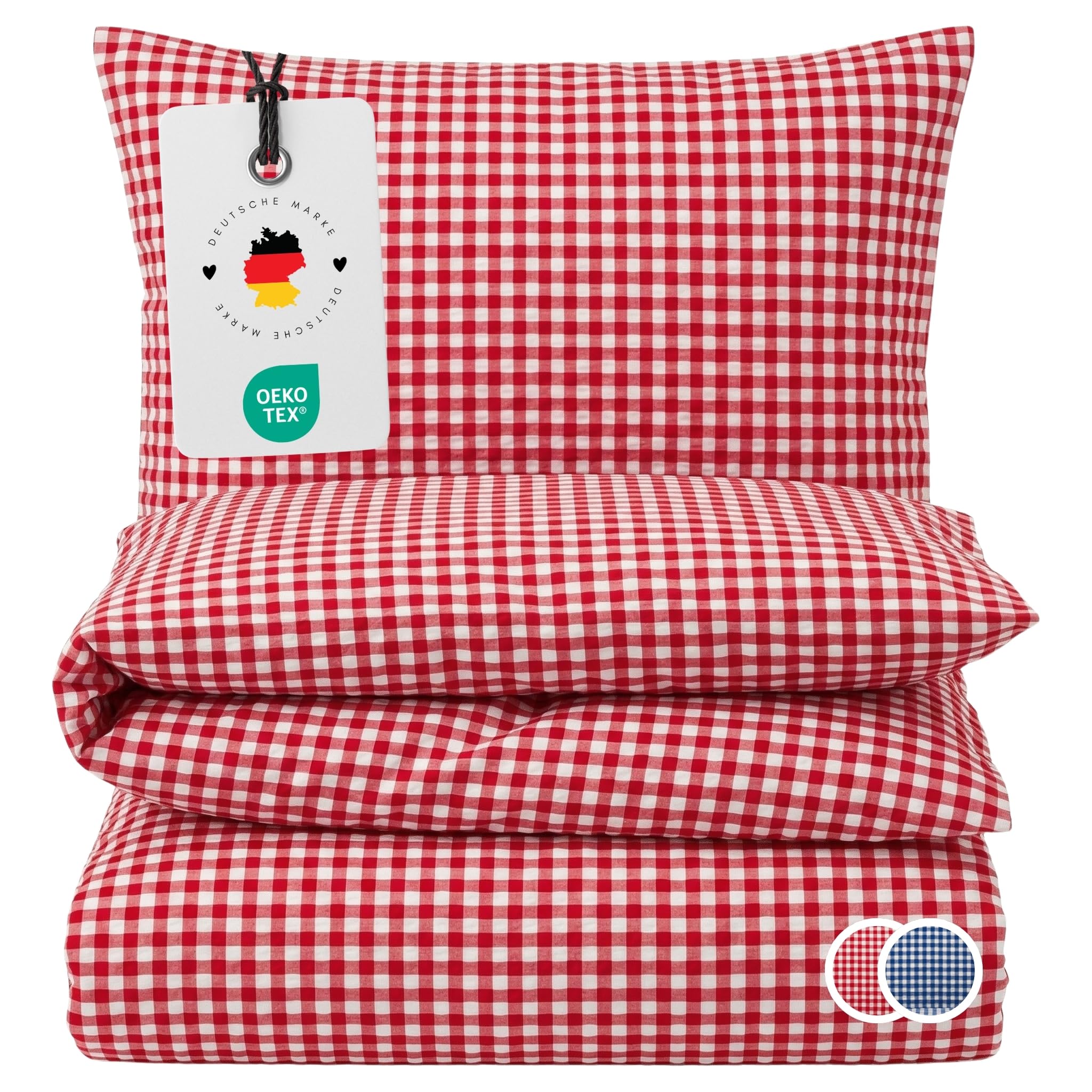Carpe Sonno Seersucker Bettwäsche 135x200 Baumwolle [Bügelfrei] | Leicht kühlende Bettwäsche Seersucker 135x200 | Sommer Bettbezug 135 x 200 mit Reißverschluss | Sommerbettwäsche kariert Rot Weiß