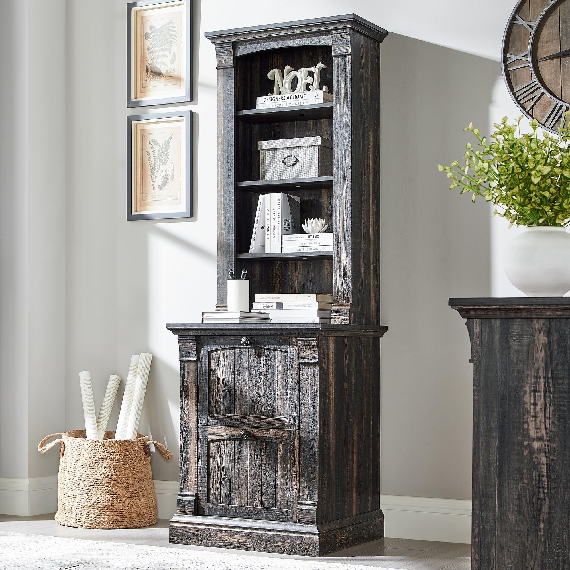 OKD Farmhouse Bookcase with 2 File Drawers, 72" Tall Bookcase with 4-Tier Open Adjustable Shelves, Wooden Freestanding Bookshelf Storage Organizer for Home Office, Living Room, Dark Rustic Oak