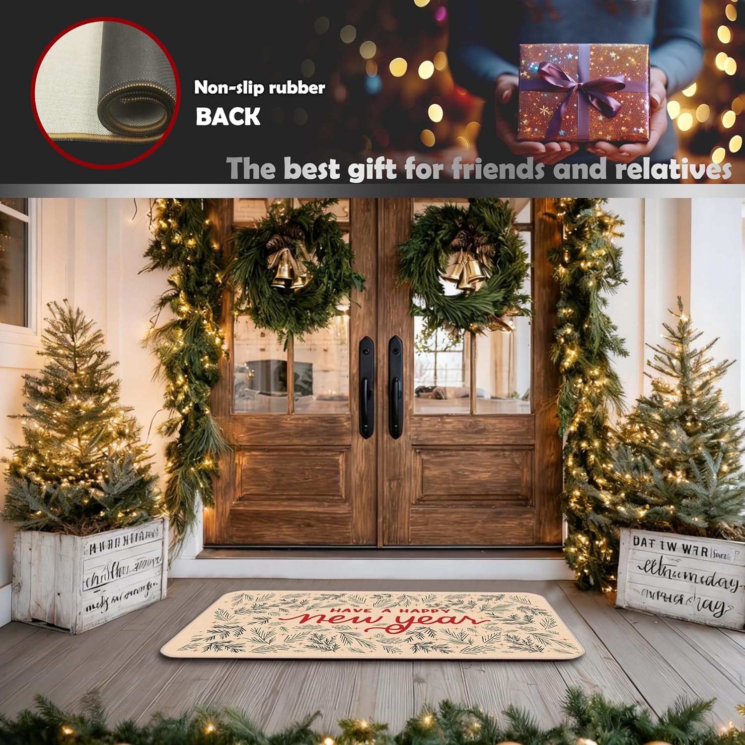 Red and Green Christmas Door Mat, Rustic Winter Pine Branches Snowflakes Christmas Doormat Non-Slip for Front Door Porch Indoor Outside Entrance Entryway, Xmas Holiday Welcome Mat, 17x30 Inch