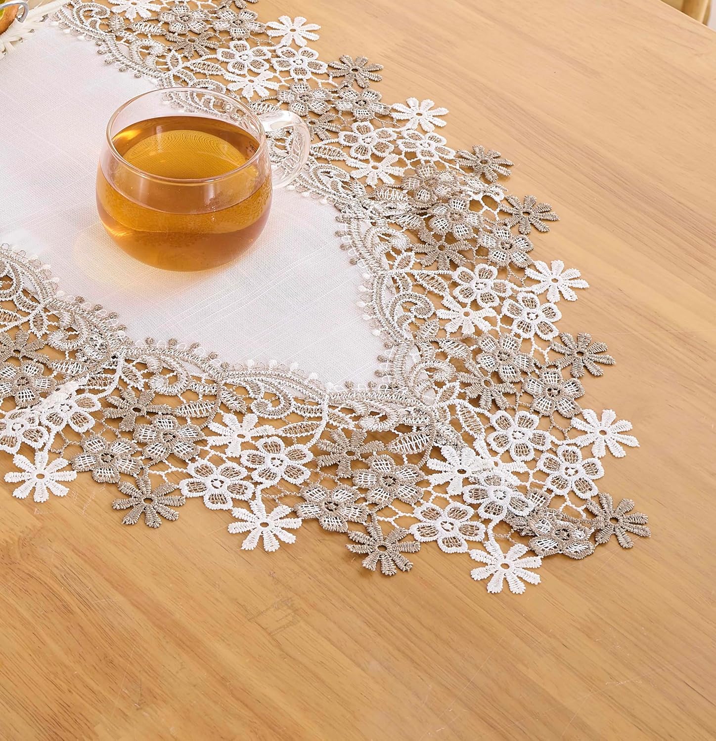White Beige Floral Lace Table Runner Dresser Scarf 120 inches Long for Kitchen Dining Coffee Table Parties Wedding Home Decor (White, 16” x 120”)