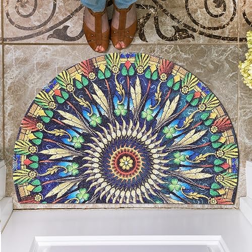 Tapete de bienvenida bohemio verde semicircular para interiores y exteriores, lazo de seda, resistente, bohemio, para puerta delantera, fácil de