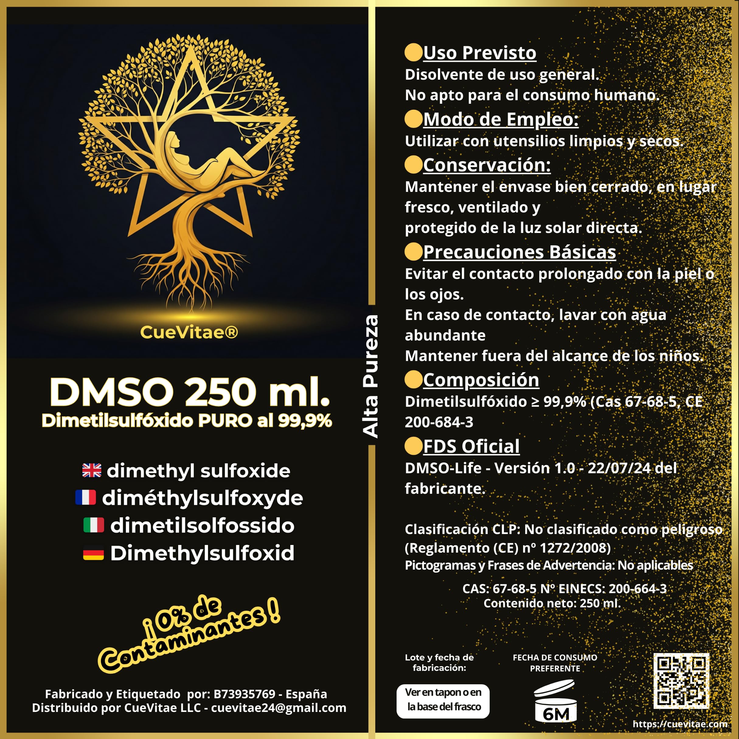 DMSO 250 ml | Diméthylsulfoxyde Pureté Minimale [99,9% HDPE] | Qualité Laboratoire | Solvant Organique Liquide