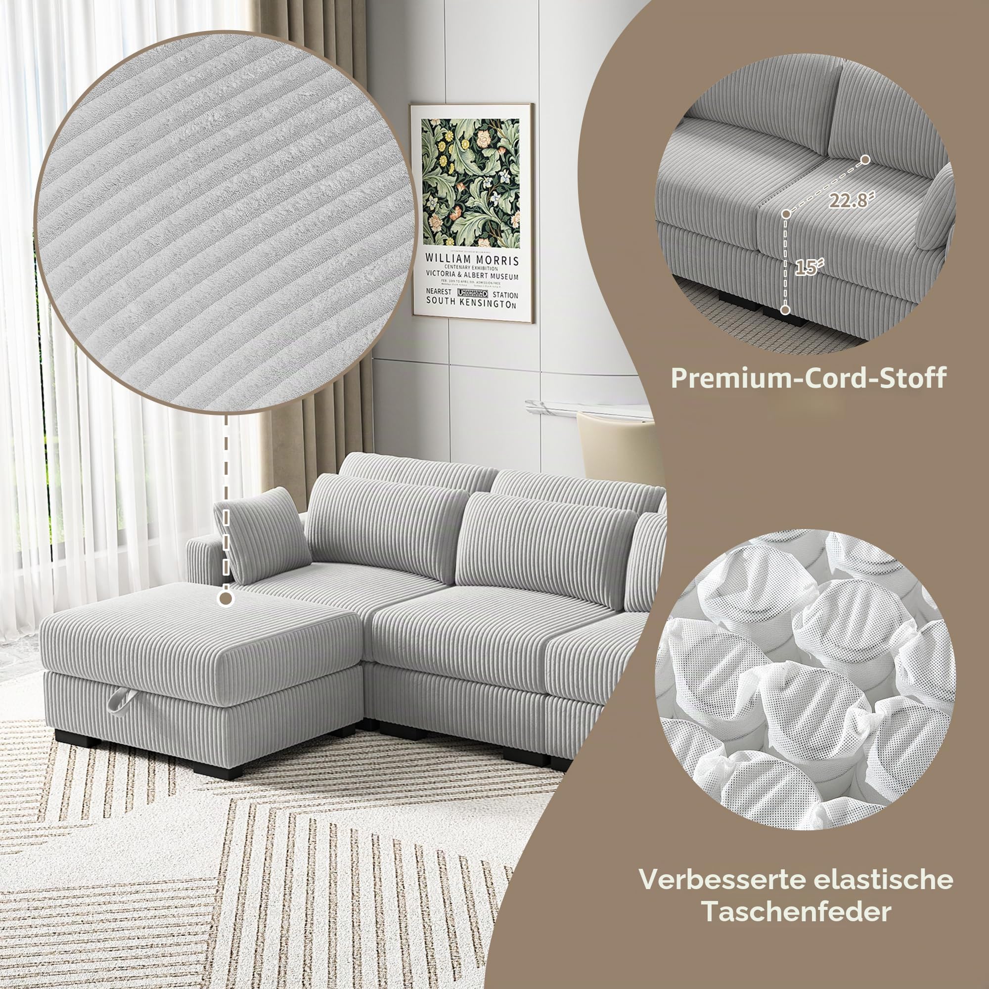 Fußstütze für Sofa, groß, mit Aufbewahrung, quadratisch, gepolstert, aus Cord, für Wohnzimmer, Sofa, Aufbewahrung, mit Sitzhocker, für Wohnzimmer, Schlafzimmer, Grau