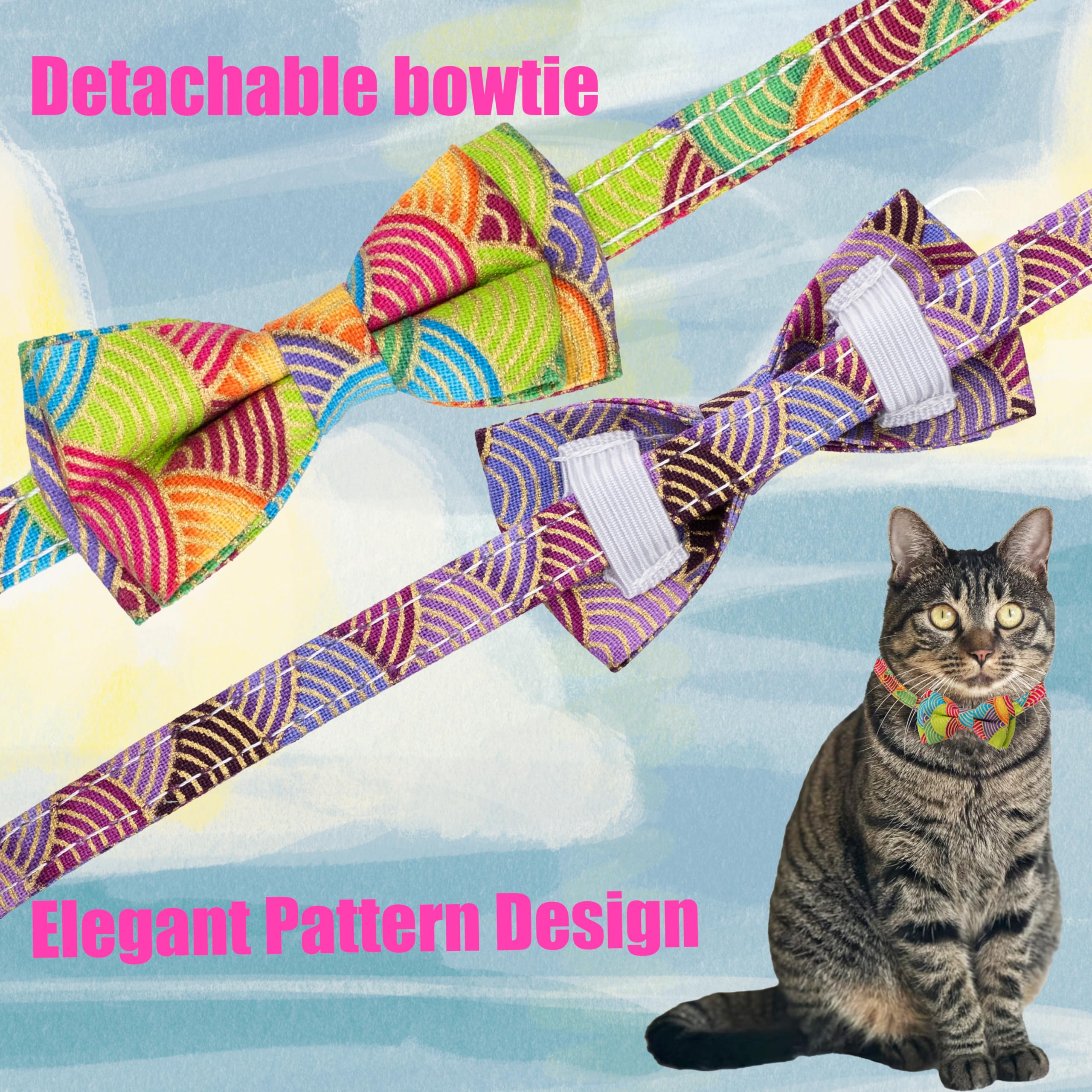 Collar para gatos y mascotas Breakaway con campana, moño floral, desmontable, ajustable, seguridad, cachorro, 2 unidades, color verde y morado