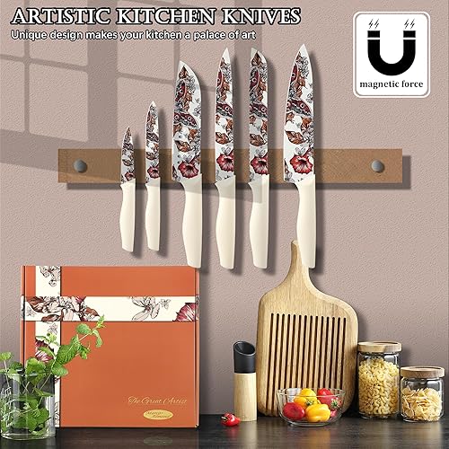 Miniatura 5 de Marco Almond Juego de cuchillos de cocina de diseño artístico, 6 cuchillos de cocina de acero inoxidable con 6 protectores de cuchillas, regalos