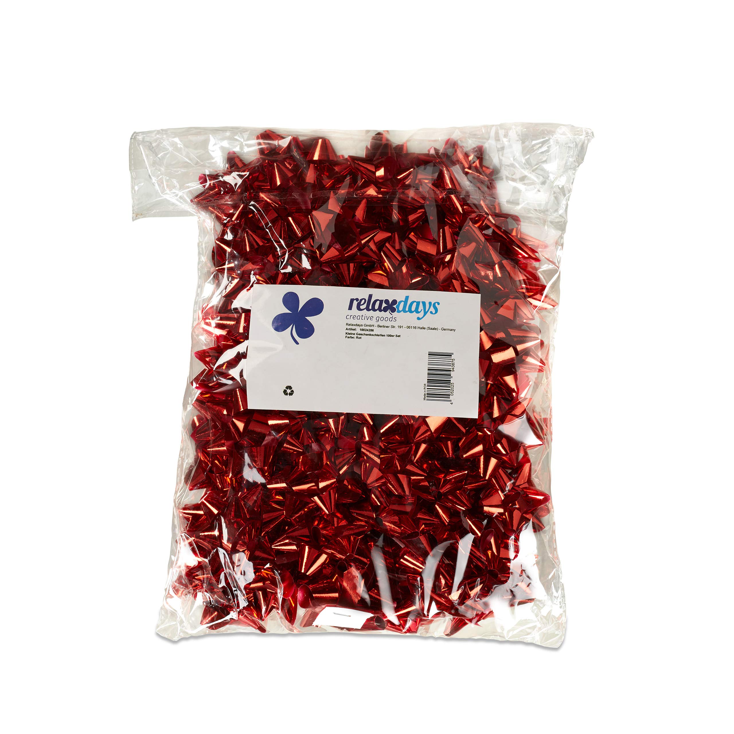 Relaxdays Geschenkschleifen 10er Set 100er Set, Selbstklebend, Rot | Kleine Dekoschleifen für Weihnachten & Geburtstag, Ø 5 cm