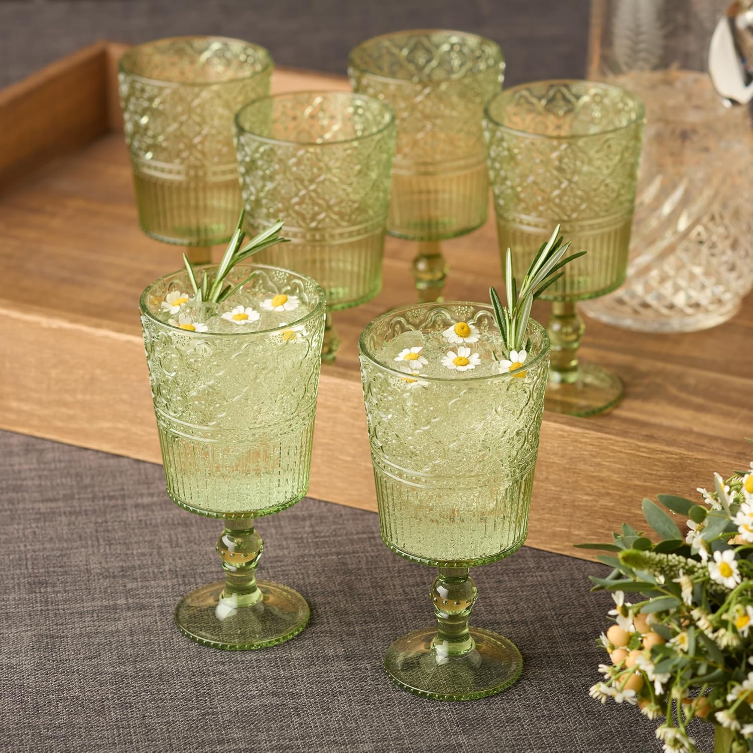 Certified International Victoria Green Set of 6 Premium Acrylic All Purpose Goblet 3.5x3.5x7 14oz – Unbreakable Drinkware with Elegant Embossed Design, Perfect for Everyday Use & Entertaining