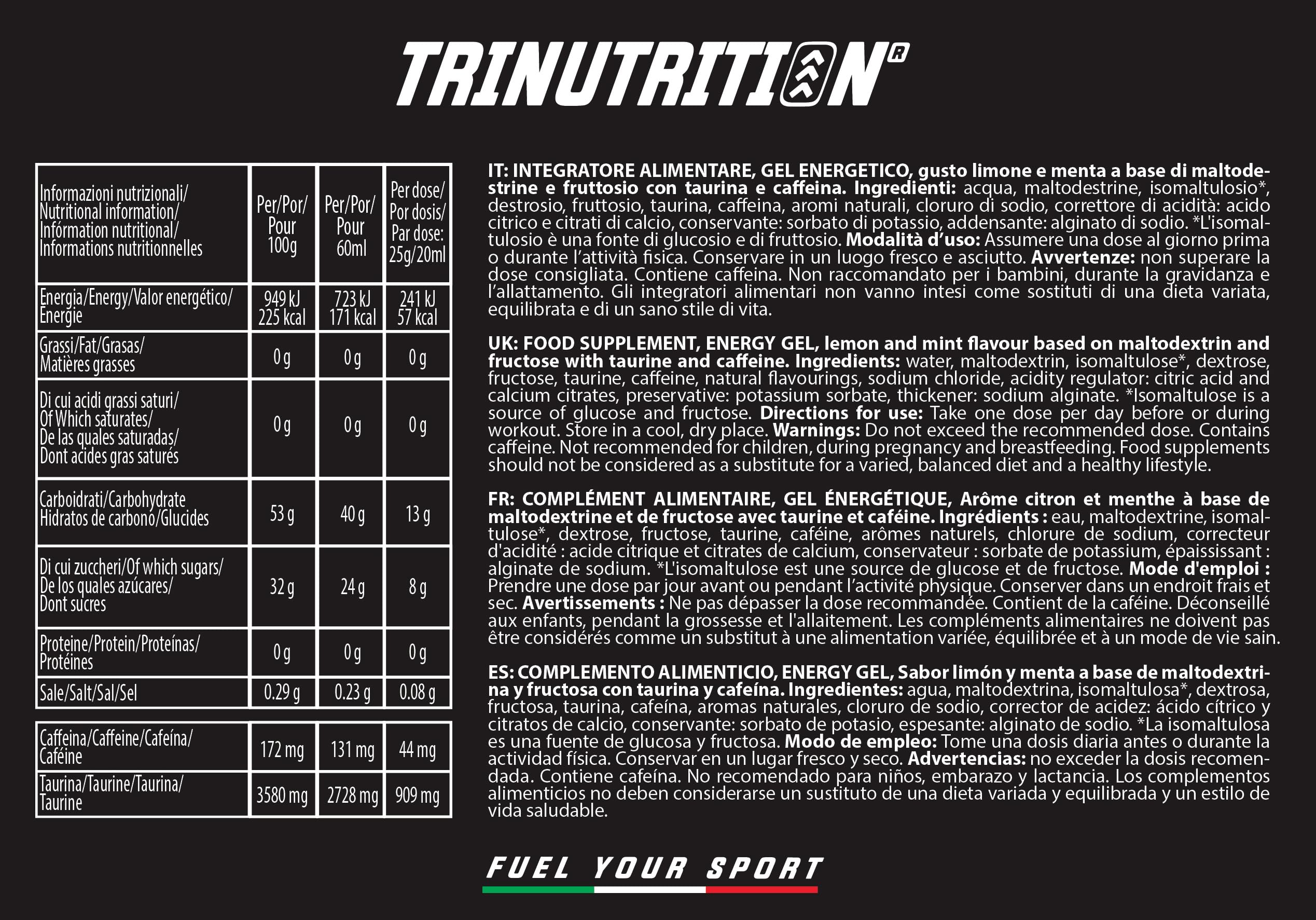 TAUR GEL, Gel Energetico con Taurina e Caffeina, 10 x 60ml, 40g di Carboidrati, Rapporto 1:0,8 Maltodestrine e Fruttosio, Gusto Limone e Menta, Gel per Ciclismo Corsa, Senza Glutine