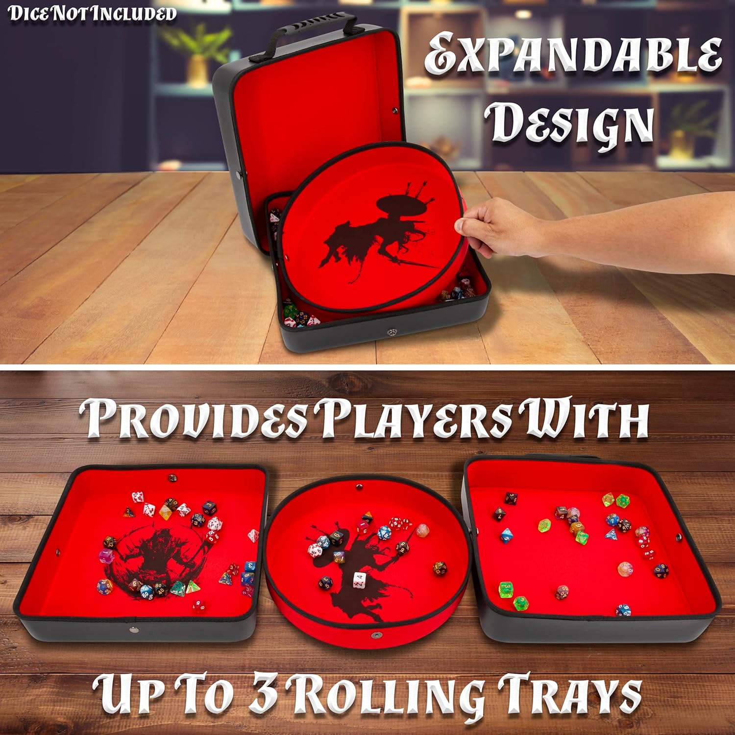 CASEMATIX XL Dice Tray and DND Dice Holder Travel Case for Up to 700 RPG Dice - Expanding Design with 3 Dice Rolling Tray Arenas, Embossed PU Leather Exterior and Printed Dice Trays