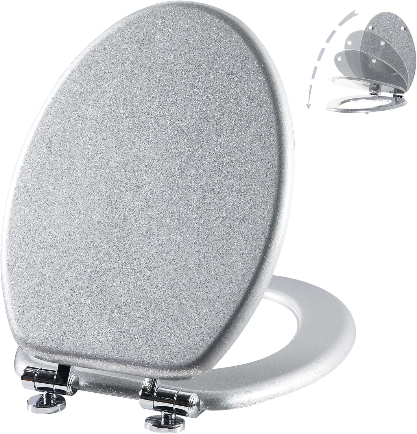 Angol Shiold Glitter Toilet Seat Molded Wood Elongated Toilet Seat with Quietly Close and Quick Release Hinges, Easy to Clean also Easy to Install (Elongated 18.5'', Silver) Elongated 18.5‘’ Silver