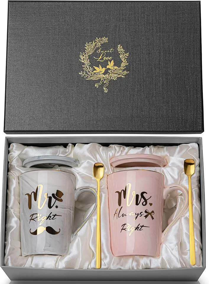 Biching Presentes de casamento para casais, e noivado de recém-casados, presentes de chá de panela, presentes de dia dos namorados, canecas Mr. Right Mrs. Always Right de 400 ml, presentes com caixa de presente