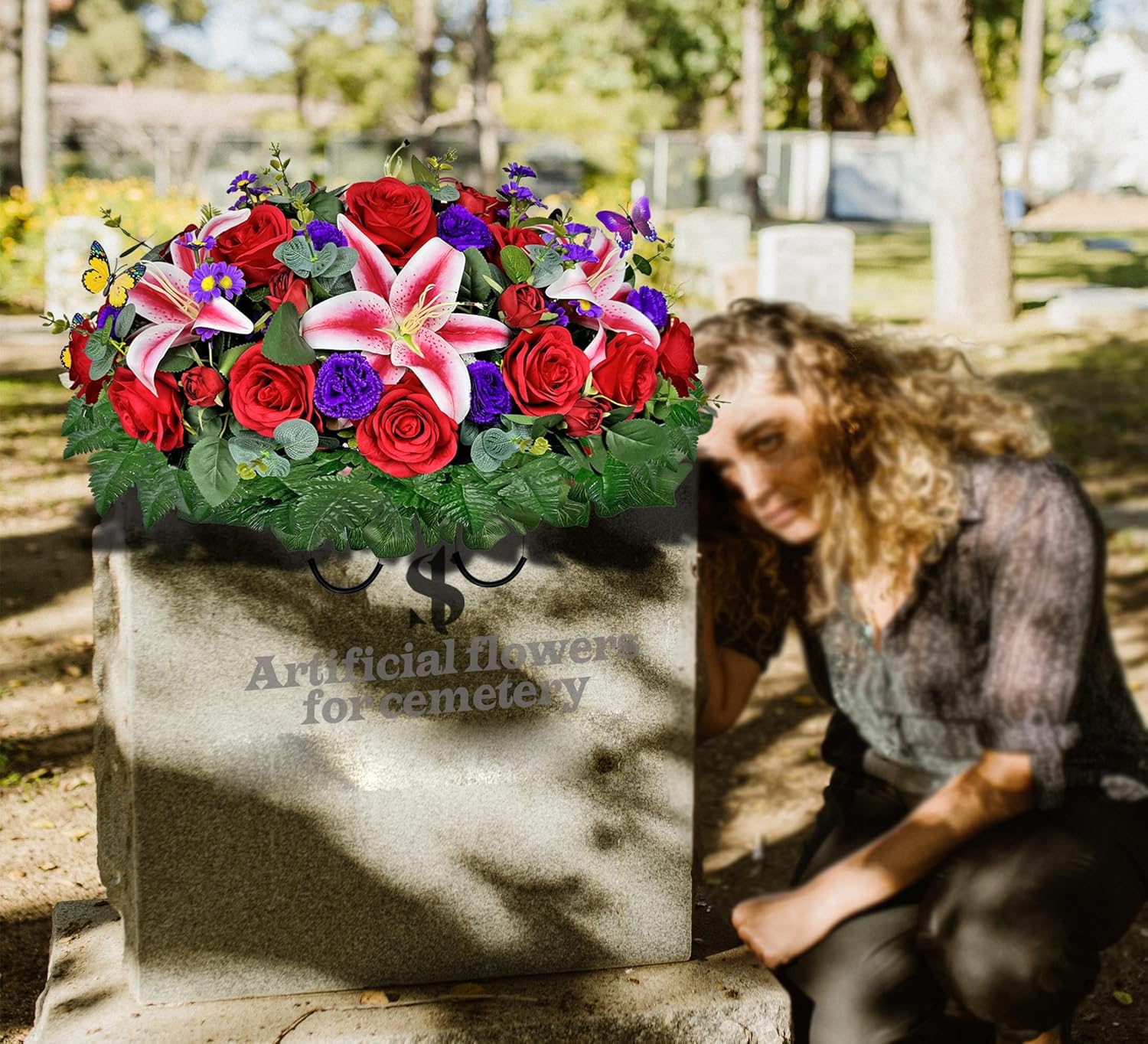 Artificial Grave Flower for Cemetery,Headstone Flower Saddle,Red Rose and Pink Lily for Xmas Decorative,Easy Fit - Image 8