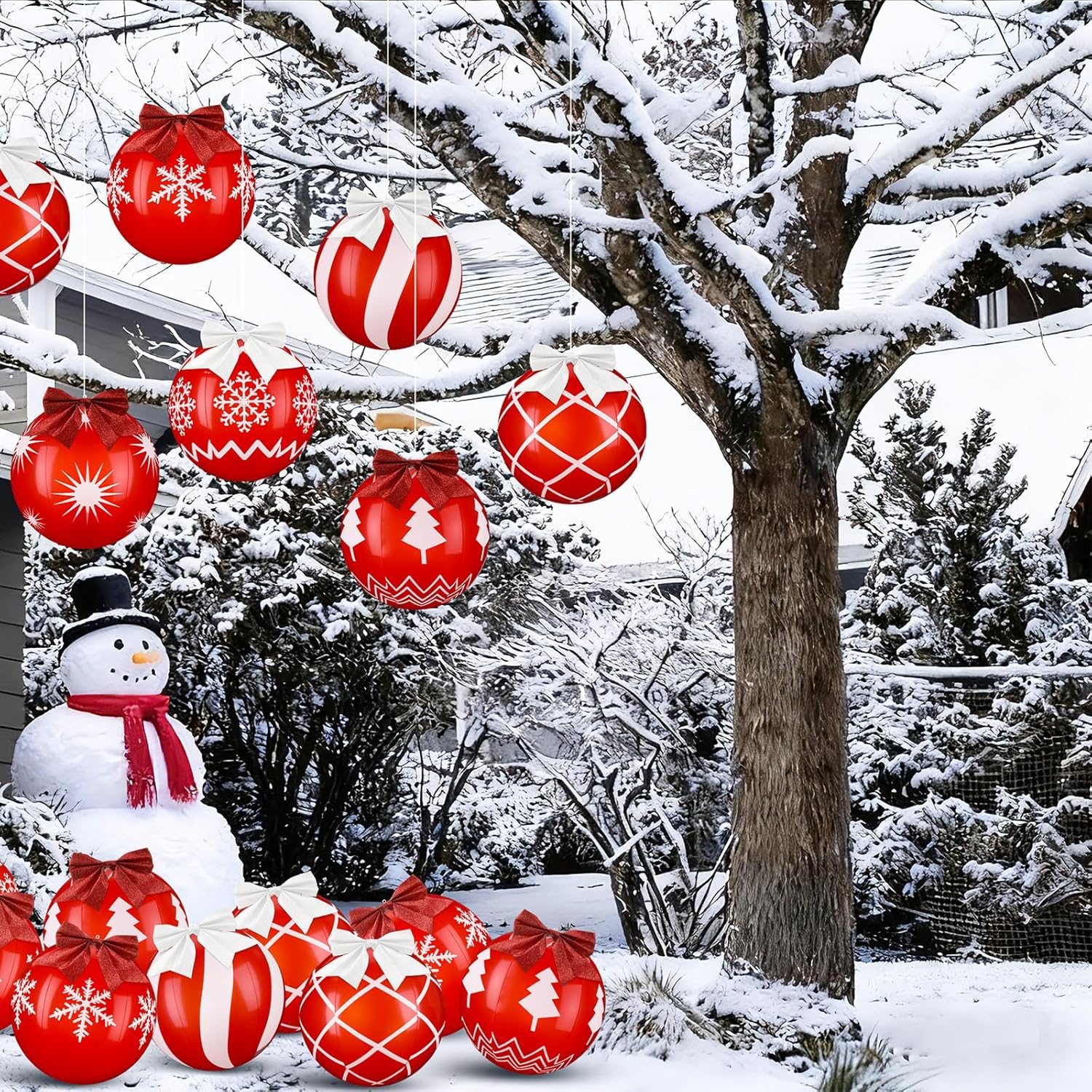 Jenaai 24 Pcs Red and White Christmas Inflatable Balls Decorations 9 Inch PVC Inflatable Balls Large Outdoor Blow up Christmas Ornaments Winter Snowflake Hanging Ornaments for Xmas Tree Yard Pool