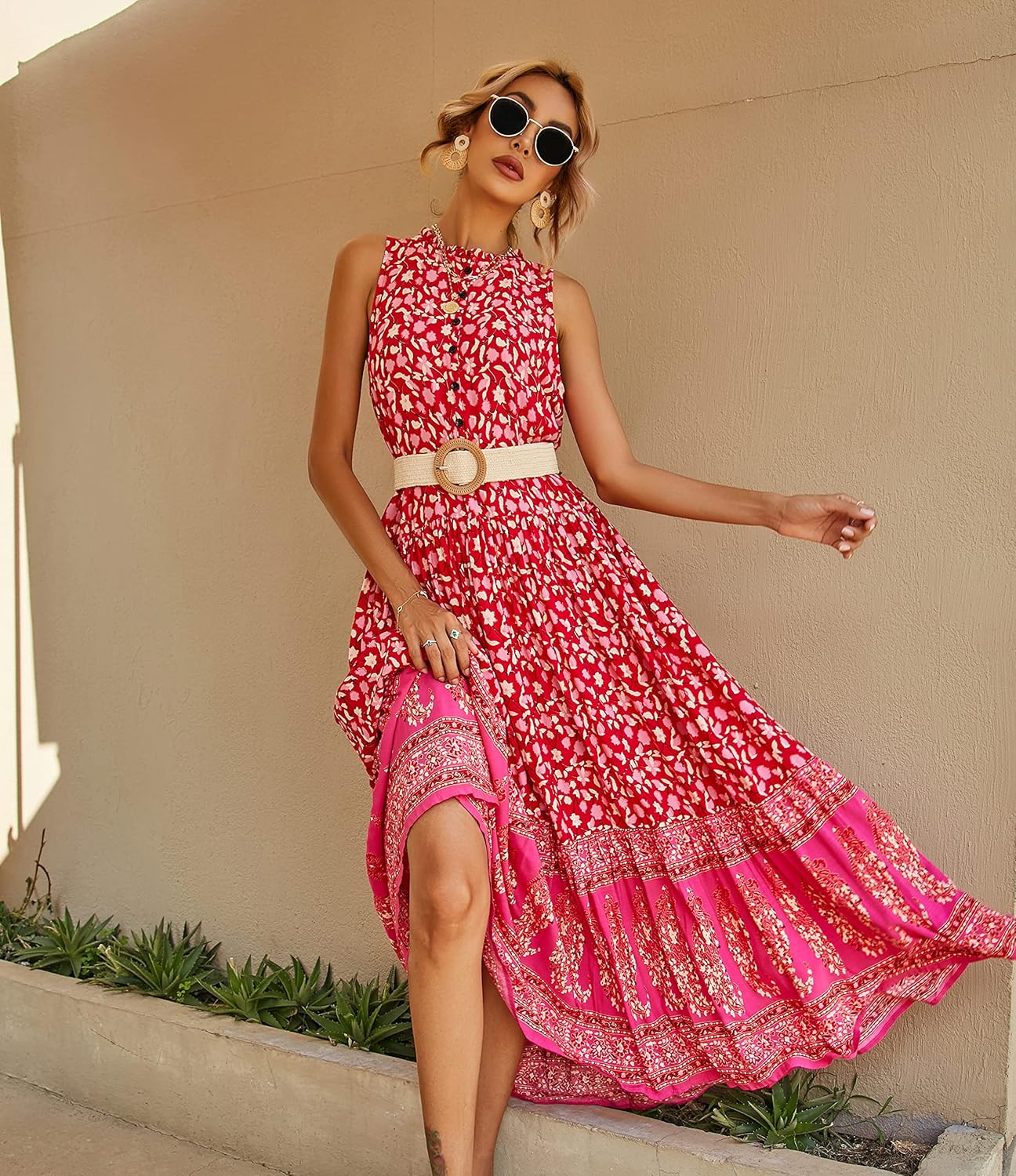 R.Vivimos Women's Summer Sleeveless Floral Print Button Up Bohemian Flowy Maxi Dresses - Image 3