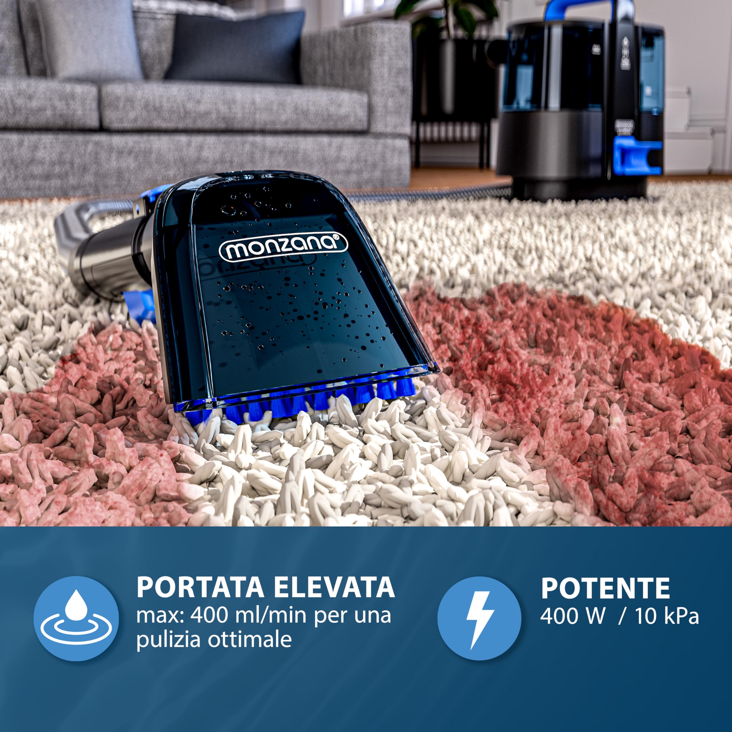 MONZANA Lavatappeti Aspirapolvere Tappeto Lava Divano Moquette Auto con Doppio Serbatoio Aspira Liquidi Pulisci Tappezzeria Tubo da 1,2 m Raggio d´Azione 5,5 m