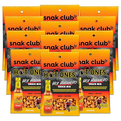 Snak Club x Hot Ones Snack Mix, Hot Habanero, Spicy Snacks with Peanuts, Pretzels, Sesame Sticks, Toasted Corn, Cashews, Inspired by Hot Ones, Vegan Snacks, 2 oz Bags, 12 Pack - 2 Ounce (Pack of 12)