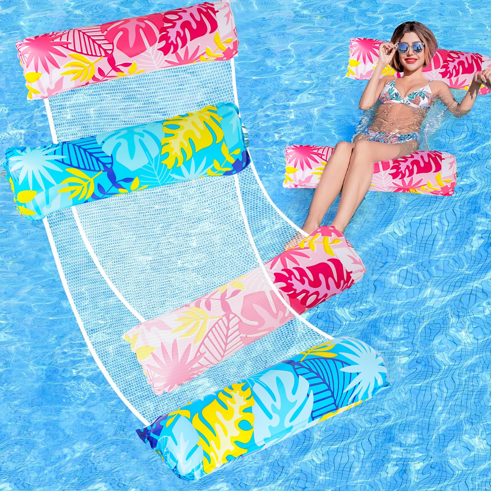 130cm Inflatable Pool Floats Hammock 2 PCS 4-in-1 Multi-Purpose Float Bed Raft Recliner Beach Hot Tub Mat (Saddle, Chair, Hammock, Drifter) Swimming Chair, Pool Inflatable Toys for Adults