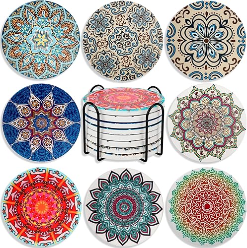 8 posavasos de cerámica con soporte, posavasos absorbentes para mesa de café, adecuados para varias tazas de 4 pulgadas (color, 8)