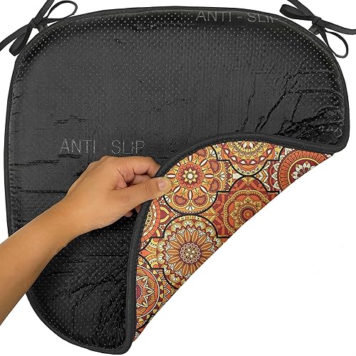 Miniatura 6 de Ambesonne Juego de 4 cojines marroquíes para asiento para silla, estilo vintage dibujado a mano, diseño floral otomano, enrejado, acolchado de