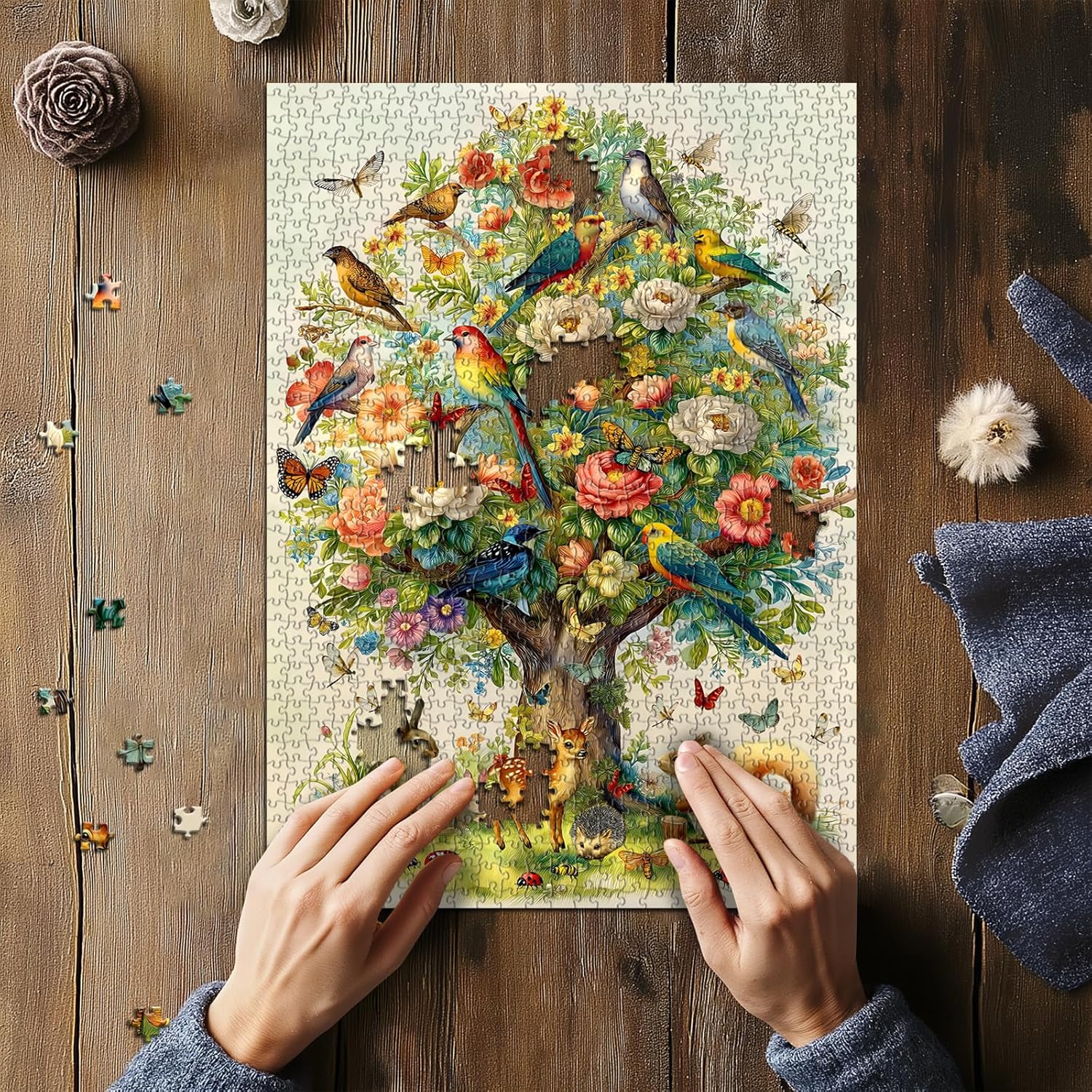 Tree of Life Puzzles for Adults 1000 Pieces, Birds Butterfly Flower Animal Jigsaw Puzzles with Plant Floral, Spring Nature Landscape Challenging for Adults