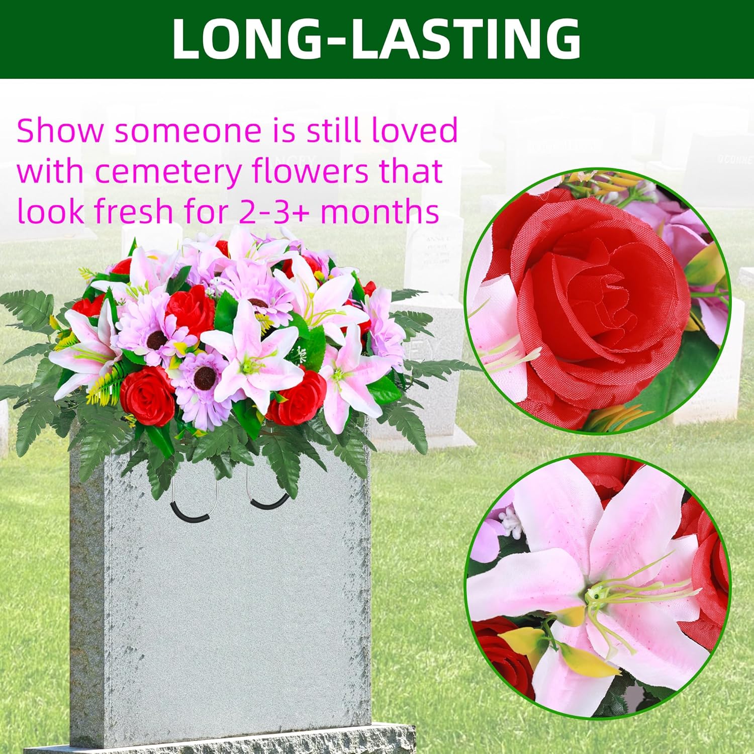 Lodou Cemetery Flower Saddles for Grave,Artificial Silk Flower Arrangement for Headstones, Artificial Cemetery Flowers, Outdoor Grave Decorations (1, Red & Purple & Pink)