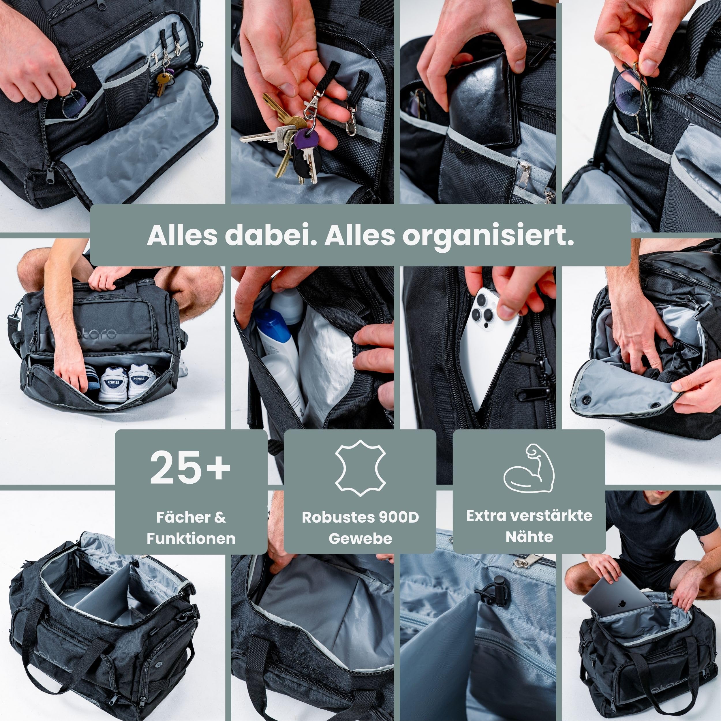 OTARO Sporttasche mit Schuhfach & Nassfach – 50L Reise- & Fitnesstasche mit Laptopfach, Rucksackgurten, vielen Fächern & wasserdichtem Fach – robuste Reisetasche für Damen & Herren (schwarz)
