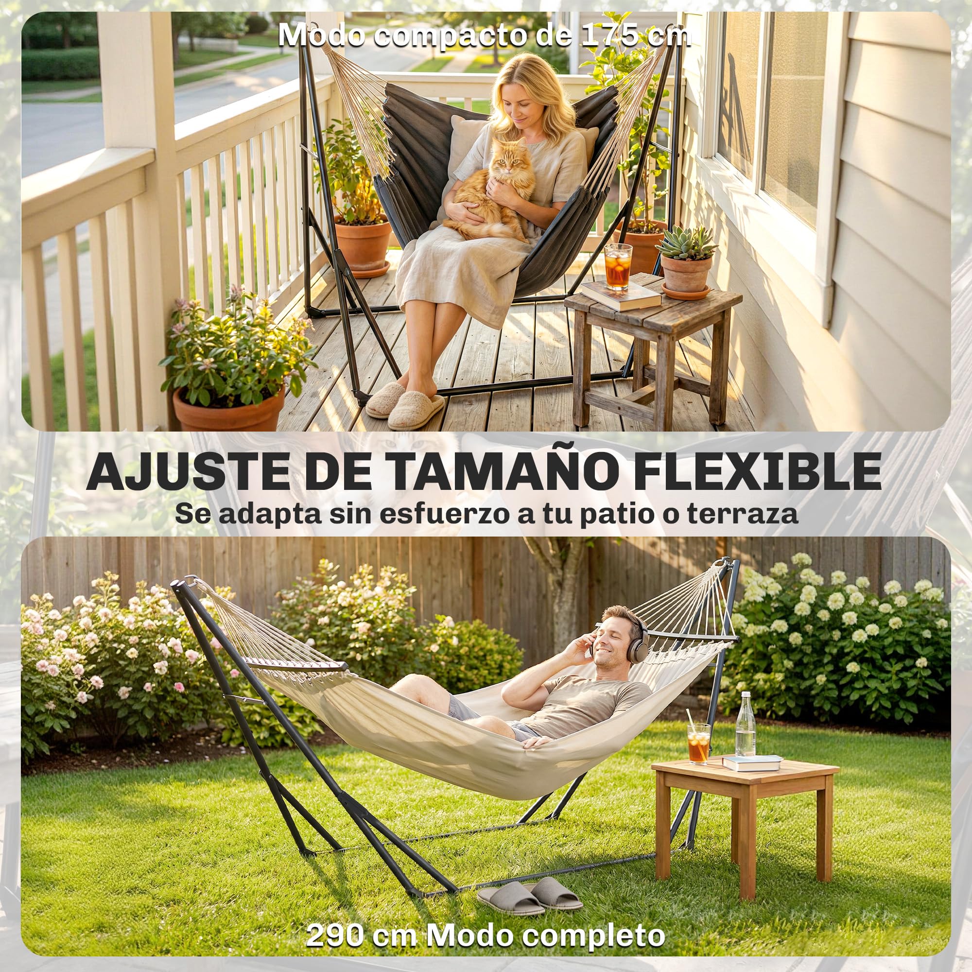 Outsunny Soporte para Hamaca Plegable, Largo 290 cm, Soporte para Hamaca Portátil de Acero, Longitud Ajustable, con Bolsa de Transporte, Carga 120 kg, Negro