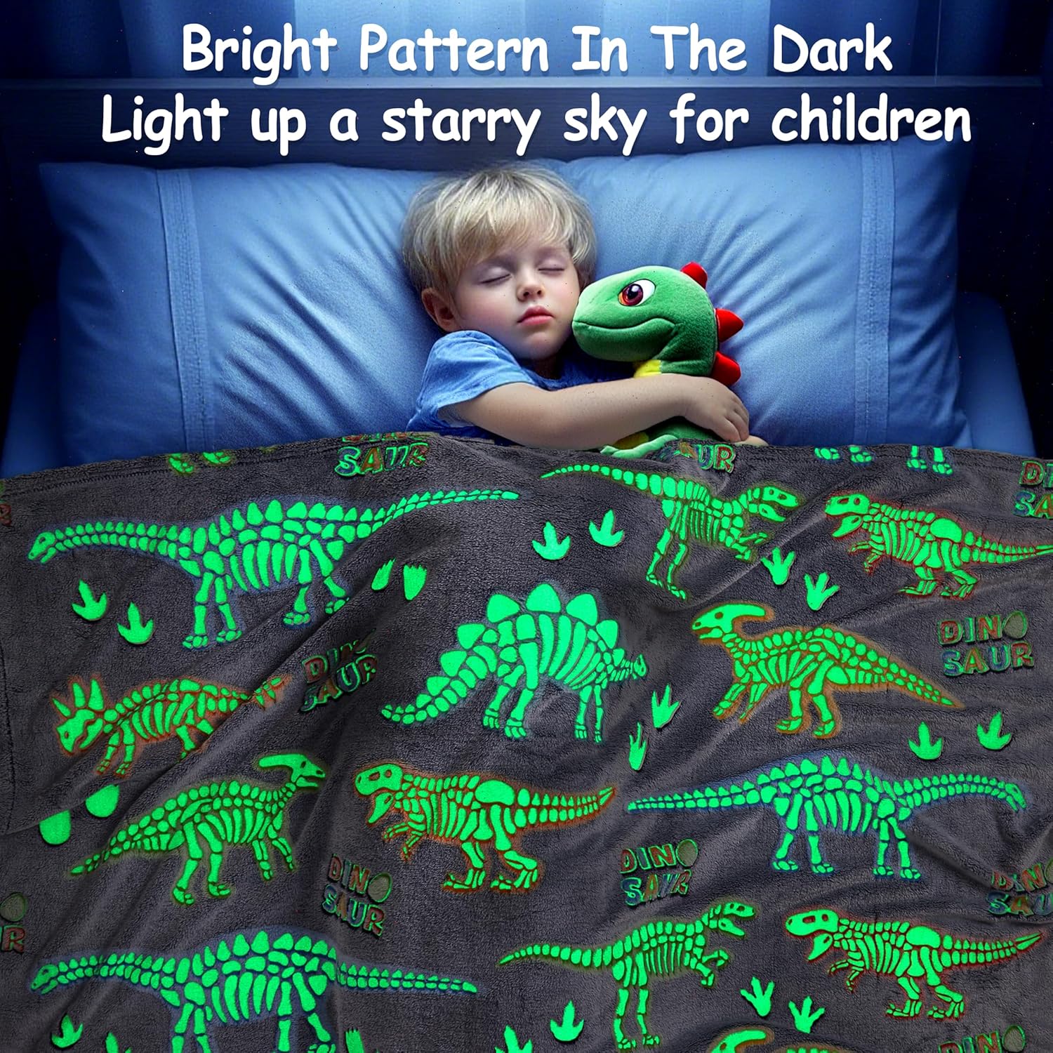 Dinosaur Blanket for Boys 60"x80" Glow in The Dark Dinosaur Throw Blanket for Boys Girls Kids,Soft Warm Cozy Cute Dino Blanket Unique Dinosaurs Toys Gifts for Age 1-16 Birthday Christmas Easter Decor