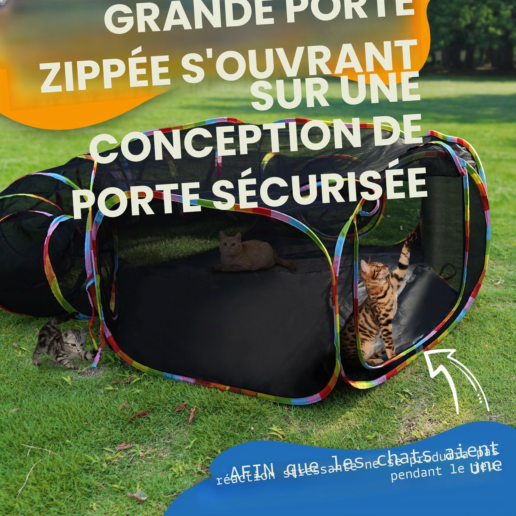 Tunnel d'extérieur pour chat et tente de jeu, couleur arc-en-ciel, clôture en maille avec tunnel de connexion