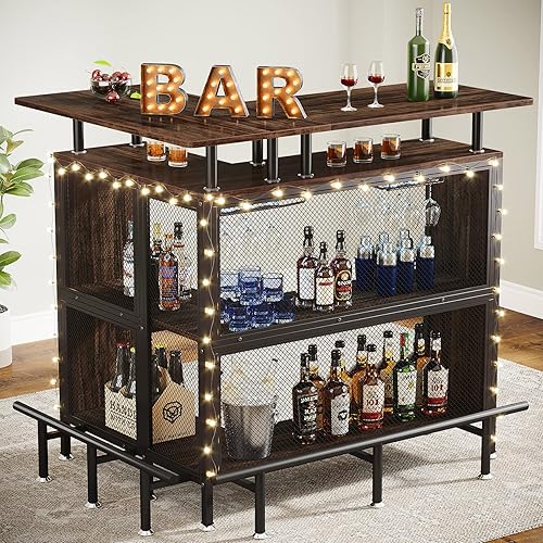 Miniatura 10 de Tribesigns Home Bar Unit L-Shaped Liquor Bar Table with Stemware Racks and 2-Tier Shelves Corner Mini Bar Cabinet Coffee Bar Table with Footrest for