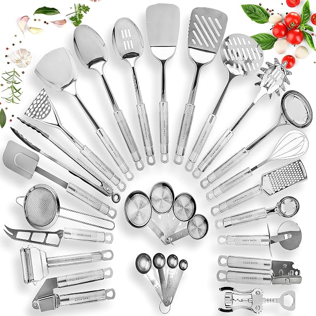 29 pcs Kitchen Utensils Stainless Steel - Non-Stick Kitchen Utensils Set - Stainless Steel and Silicone Cooking Utensils Set - Kitchen Tools Gadgets Accessories Spoons Turners Spatula Ladle Set
