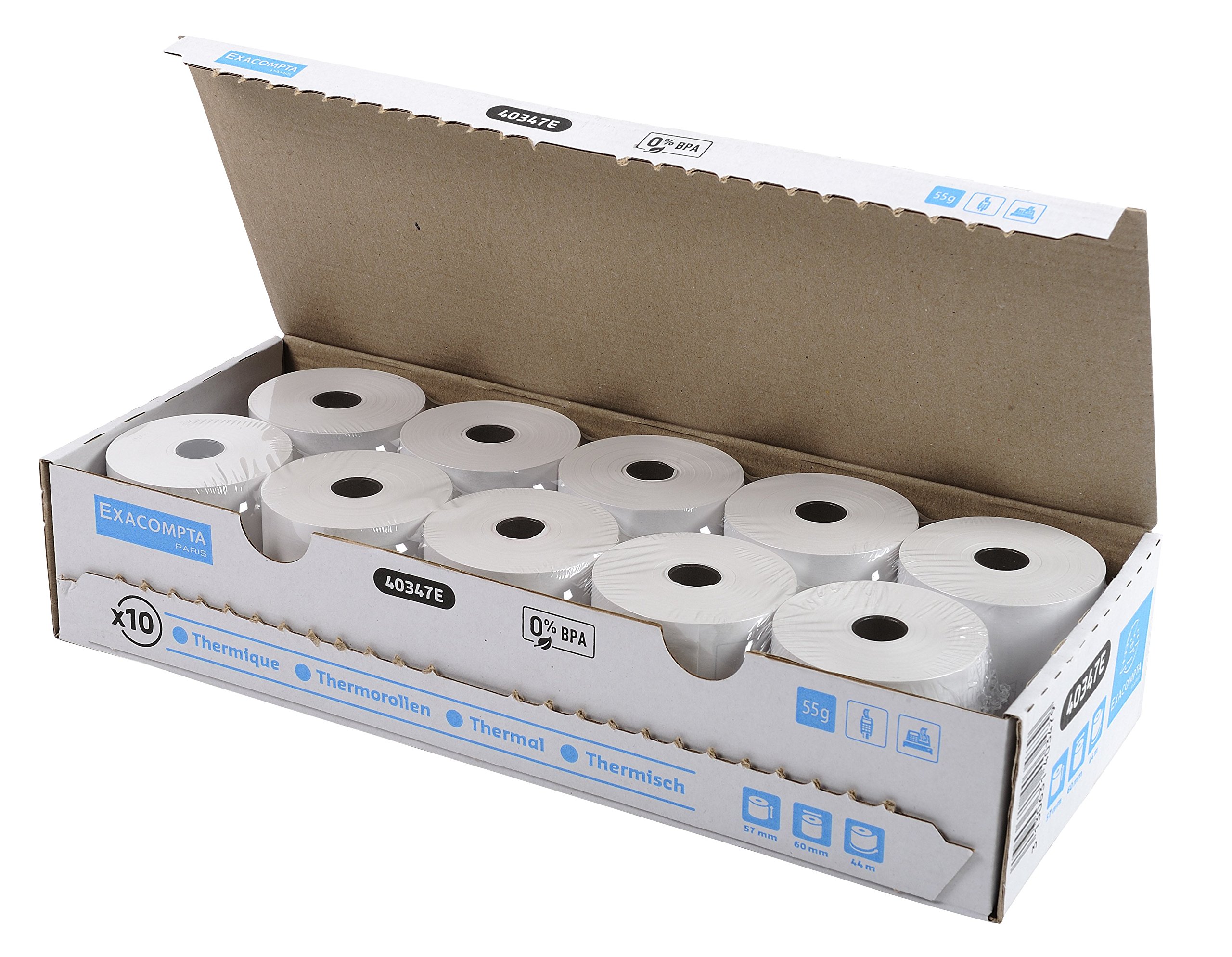 Exacompta - Réf. 40347E - Paquet de 10 bobines pour tickets de caisse et carte bancaire 57x60 mm - 1 pli thermique 55g/m² sans BPA - Diamètre 60 mm - Métrage (+ ou - 2m) : 44 m (Lot de 2)