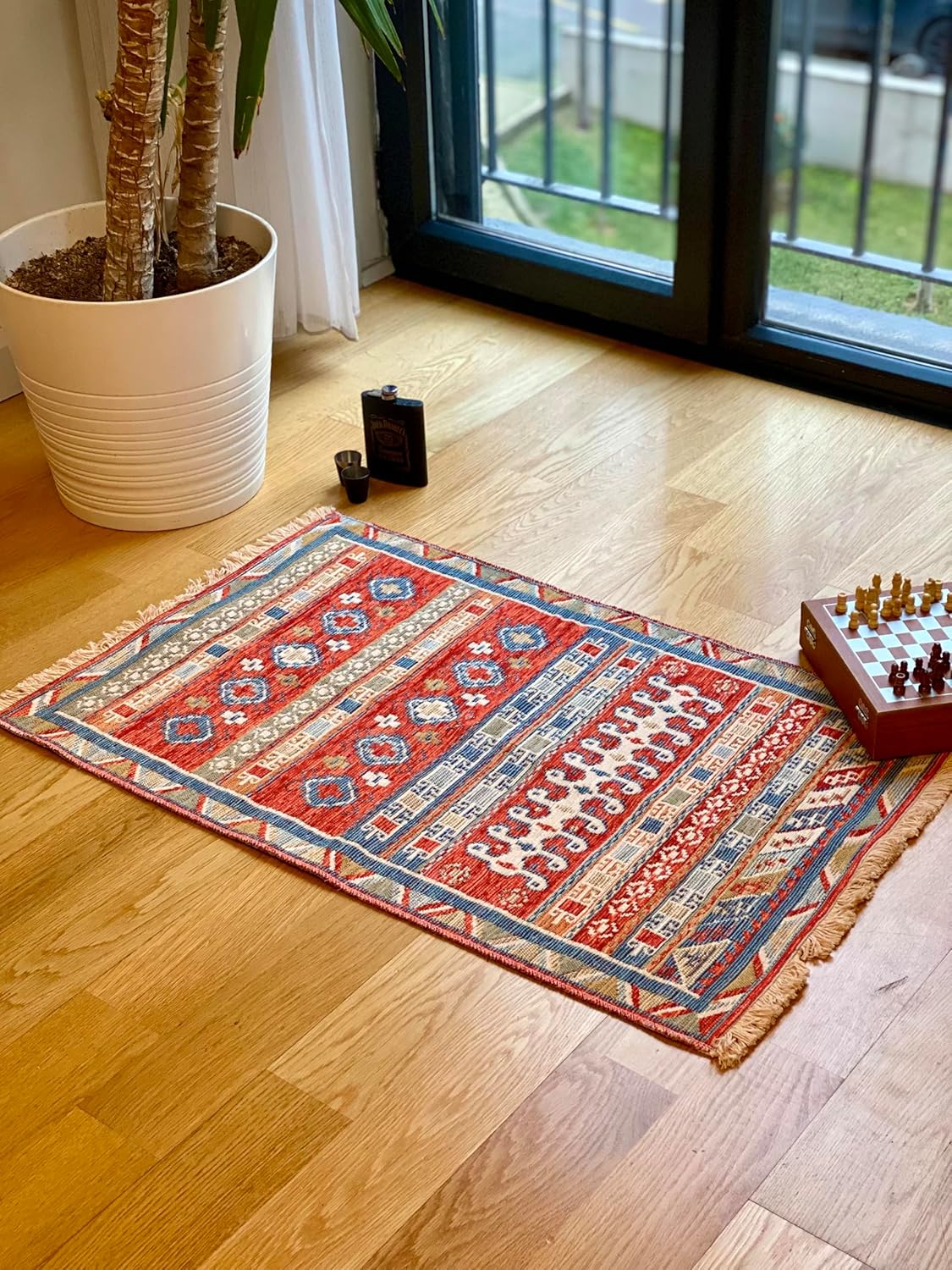 Secret Sea Collection: Modern Kilim Series Small Area Rug, Washable, Reversible, Cotton (2 x 3 feet, Ram's Head Abundance)