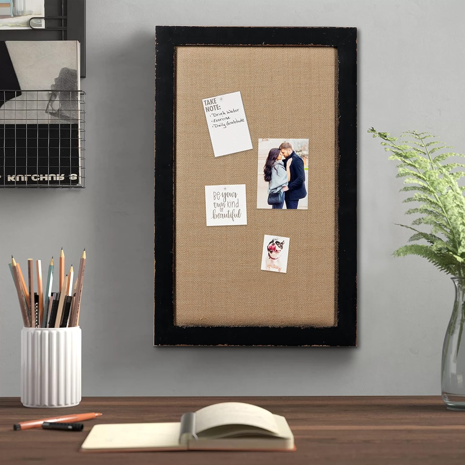 Black Framed Linen Cork Bulletin Board, Large Pin Boards for Walls 18 X 29 Inches, Vision Board Wall Organizer Display Board for Photos, Notice Message Board for Office Home Kitchen Decorative