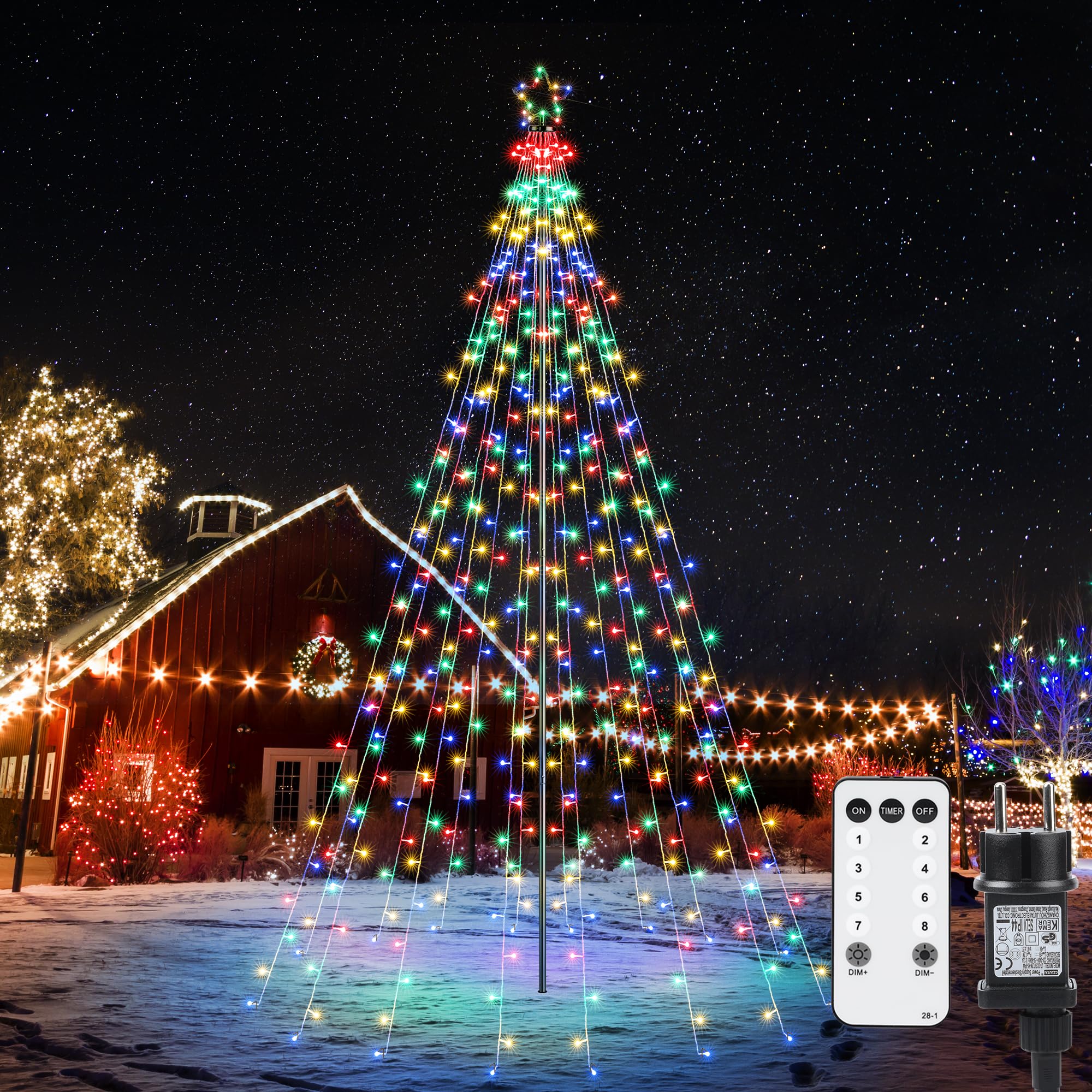 iBaycon Weihnachtsbeleuchtung Außen mit Stern 3.87M 568 LED Bunt | 16 Girlanden Weihnachtsbaum Lichterkette,8 Modi Fernbedienung Timer Dimmbar Weihnachtsdeko Aussen für Garten Rasen Hof