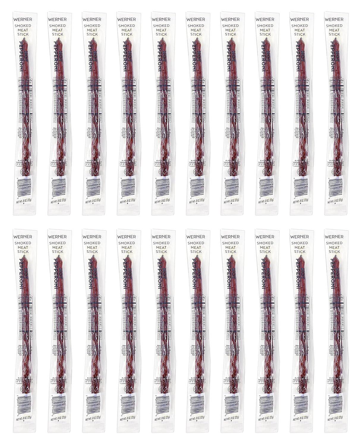 Werner Smoked Individually Wrapped Meat Sticks – 20 Count Meat Sticks, 0.8 Ounces – Made in the USA, Smoked Jerky Sticks (Hot Pepperoni)