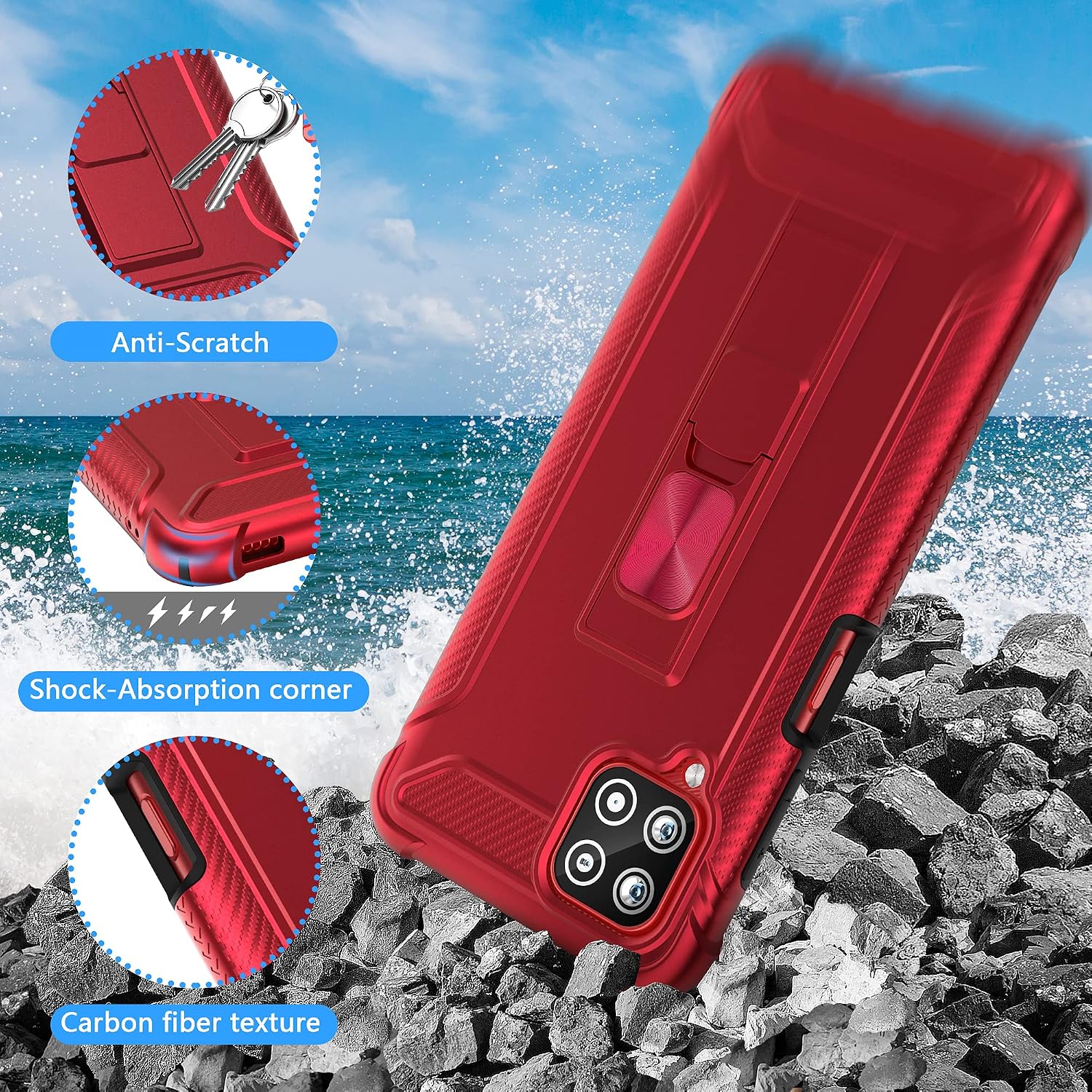 ORETECH Samsung A12 Case, Samsung A12 Case with 2 x Tempered Glass Screen Protector for Samsung Galaxy A12 Dual-Layer Shockproof TPU Protective Case with Built-in Kickstand for Galaxy A12-6.5" Red