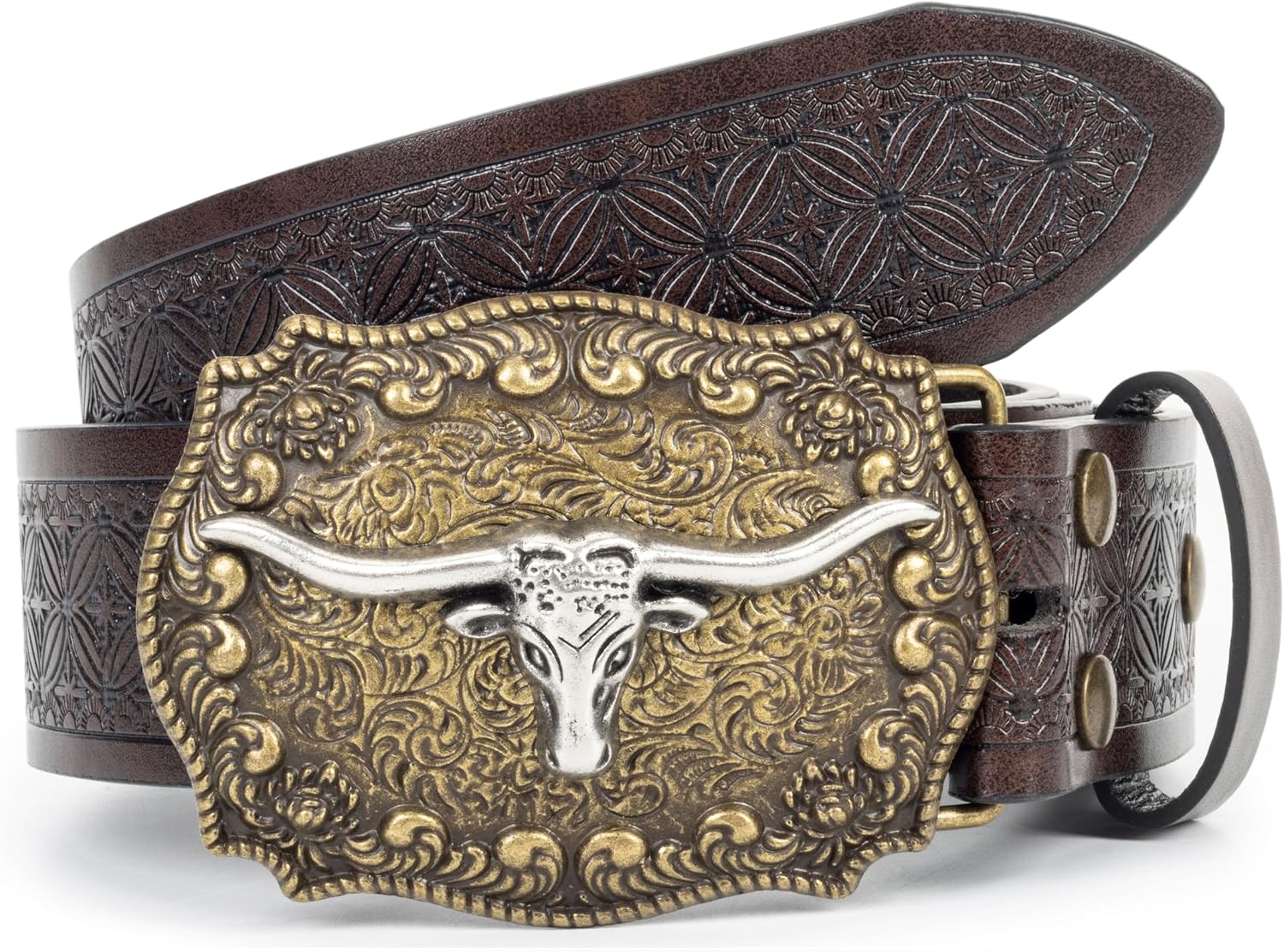 Women-Western-Cowboy-Leather-Belts Turquoise Oval Buckle Embossed Belts