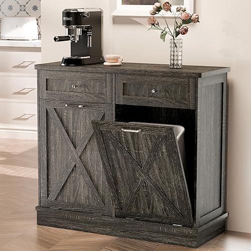 Miniatura 8 de TOLEAD Armario de basura inclinable de madera de 10 galones con puerta de granero para cocina de granja, sala de estar, comedor, color gris roble