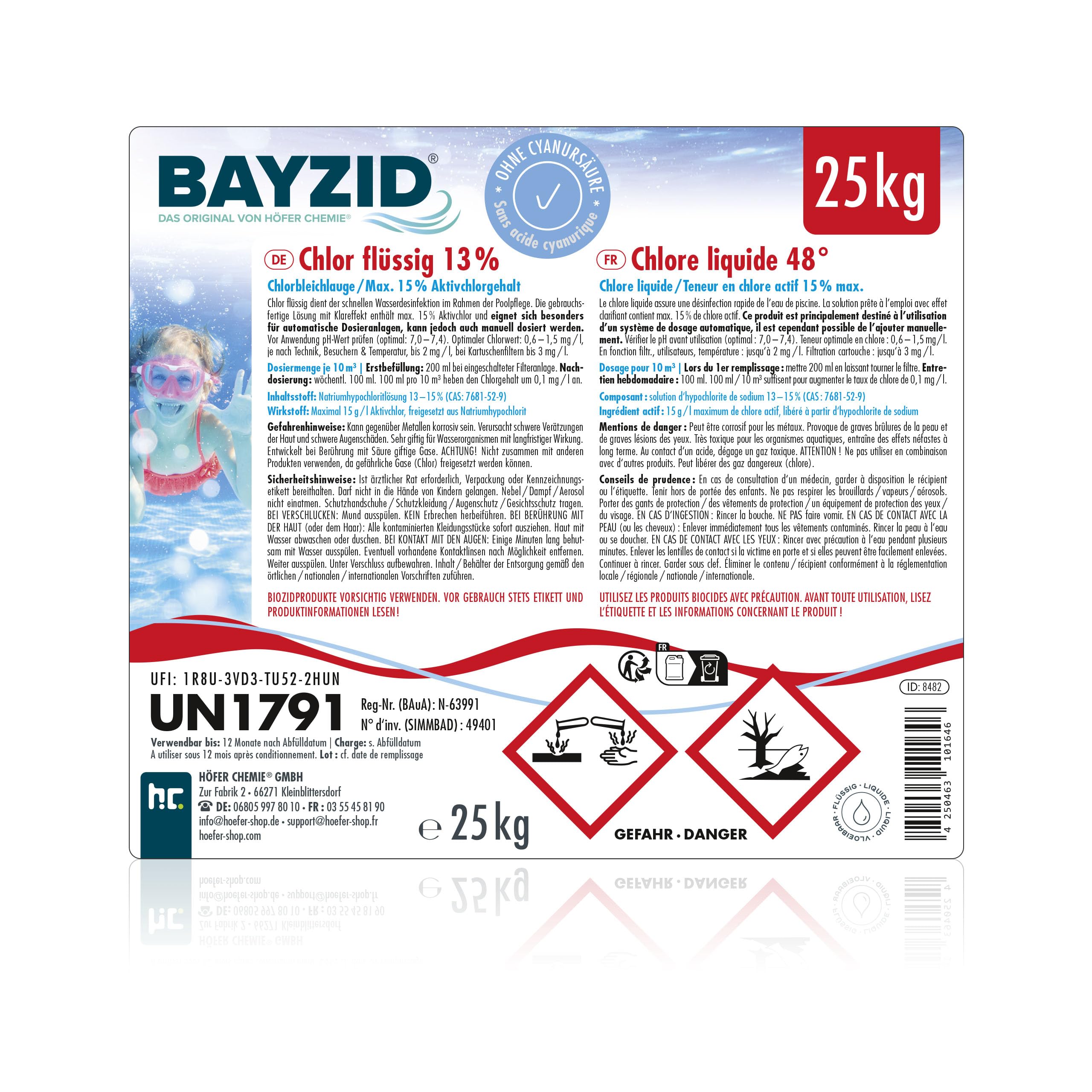 BAYZID® Chlore Liquide 1 x 25 kg – Désinfectant Piscine à Action Rapide, 13-15% de Chlore Actif – pour Systèmes de Dosage Automatique – Clarifiant Eau Cristalline – Idéal Spa, Jacuzzi, Pataugeoire