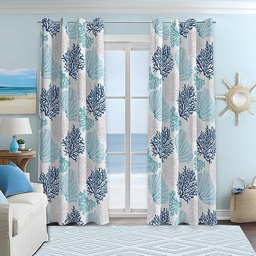 Vista 25 de weesire Cortinas náuticas costeras, decorativas, playa, océano, coral, 50% de bloqueo de luz, oscurecimiento del mar, cortina con ojales para villa