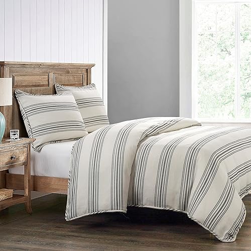 Miniatura 2 de HiEnd Accents Prescott - Juego de funda de edredón a rayas de 3 piezas con fundas de almohada, funda de edredón con patrón de rayas negras marfil,