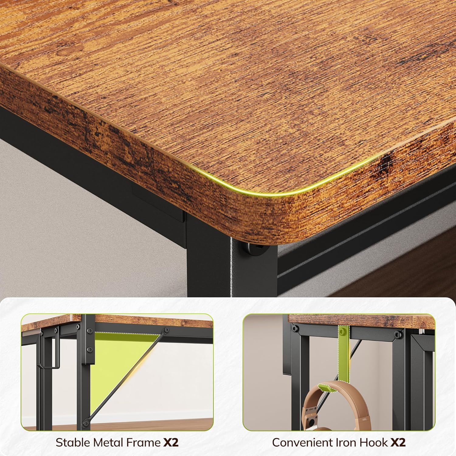 Folding Desk for Small Space,Foldable Computer Desk with Monitor Stand,31.5 Inch Small Desk with LED Lights for Bedroom Home Office,Writing Work Office Computer Desk with Hooks,Rustic Brown - Image 7