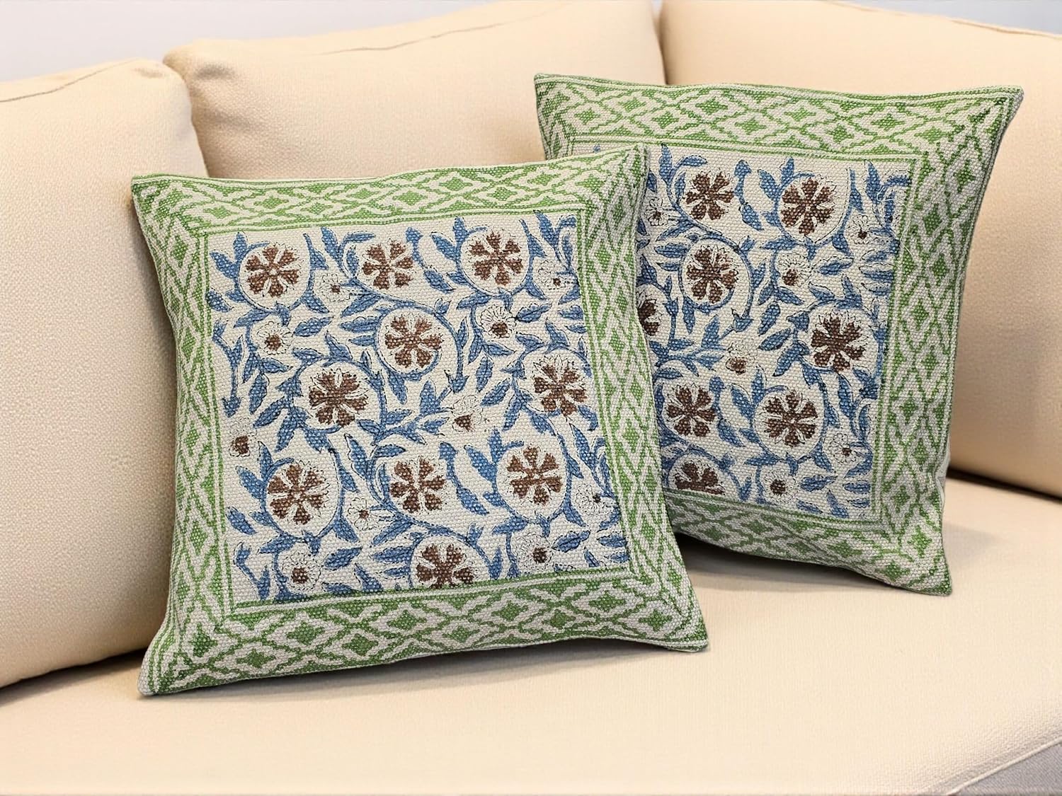 Vintage Grandmillennial Cotton Pillow Covers Set of 2, Handwoven Block Print Cushion Covers 18x18 Inch, Farmhouse Floral Throw Pillow Cases, Boho Decorative Pillow Covers for Sofa Couch Bed