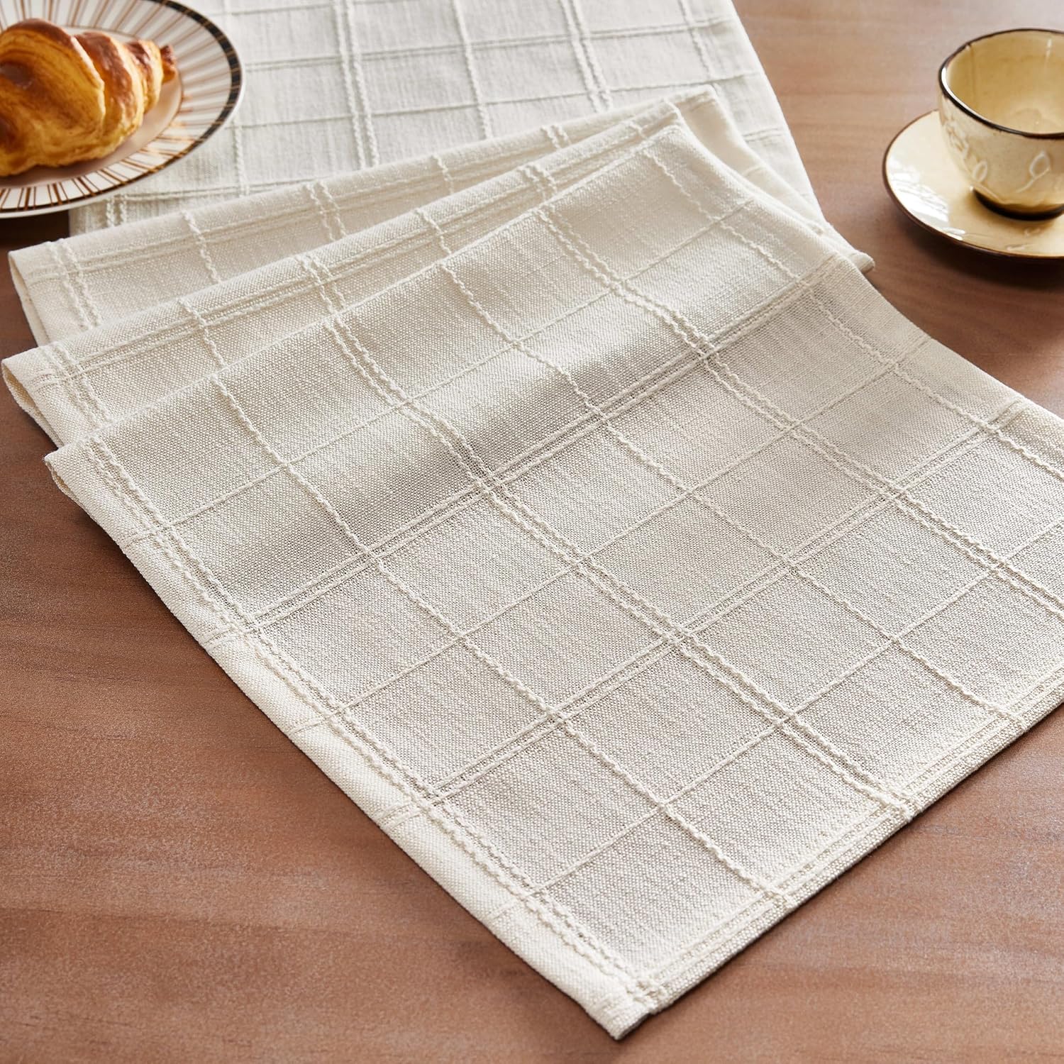 ZeeMart Linen Checked Table Runner, 13x72 Inches Beige, Textured Woven Farmhouse Table Runners 72 Inches Long, Neutral Plaid Dresser Scarf for Kitchen Dining Holiday Everyday Decor