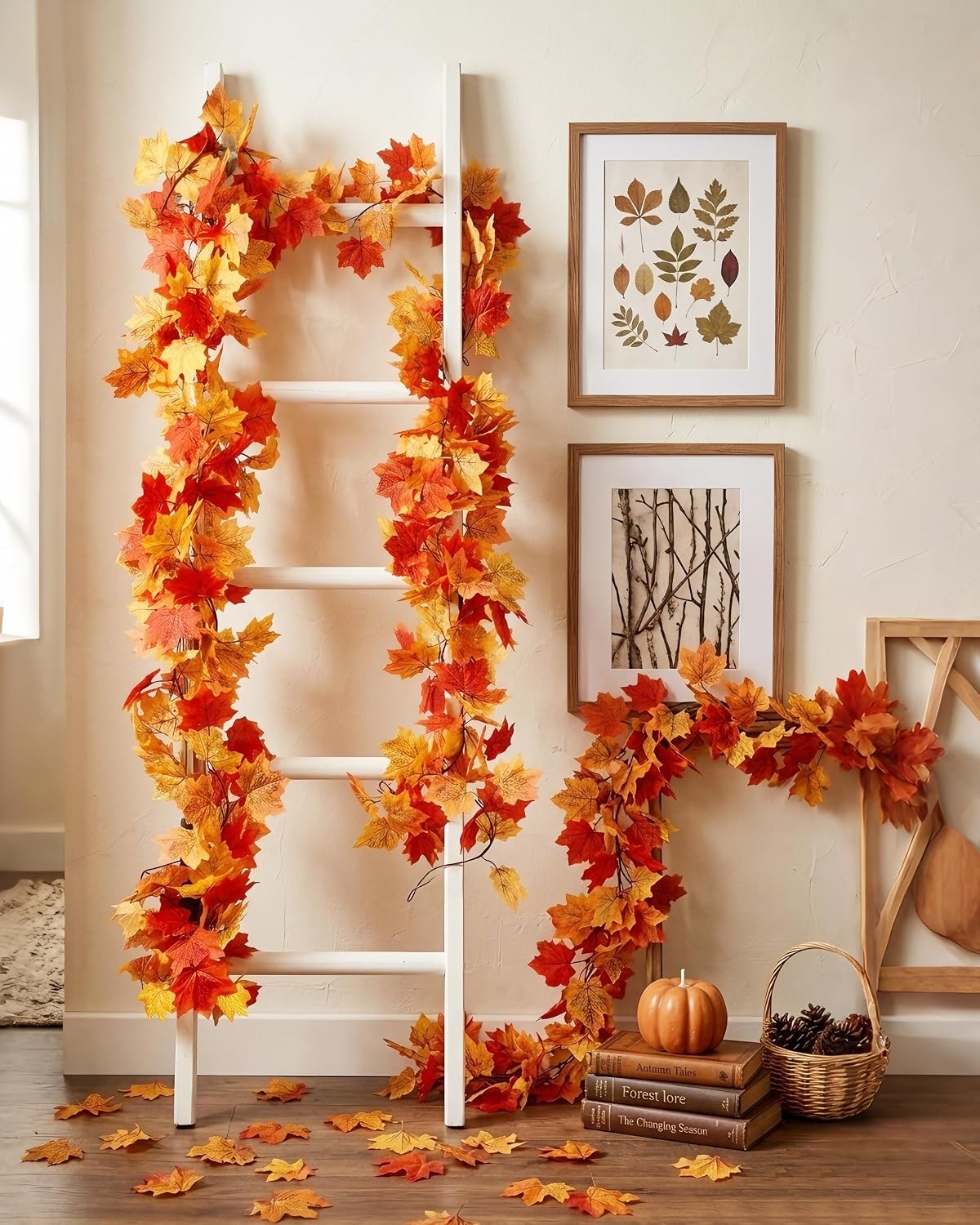 2 Pack Fall Maple Leaf Garland(12FT),Artificial Vines Autumn Foliage Garland for Home Wedding Door Table Room wall Thanksgiving Halloween Christmas Fireplace Party Indoor Outdoor Decor