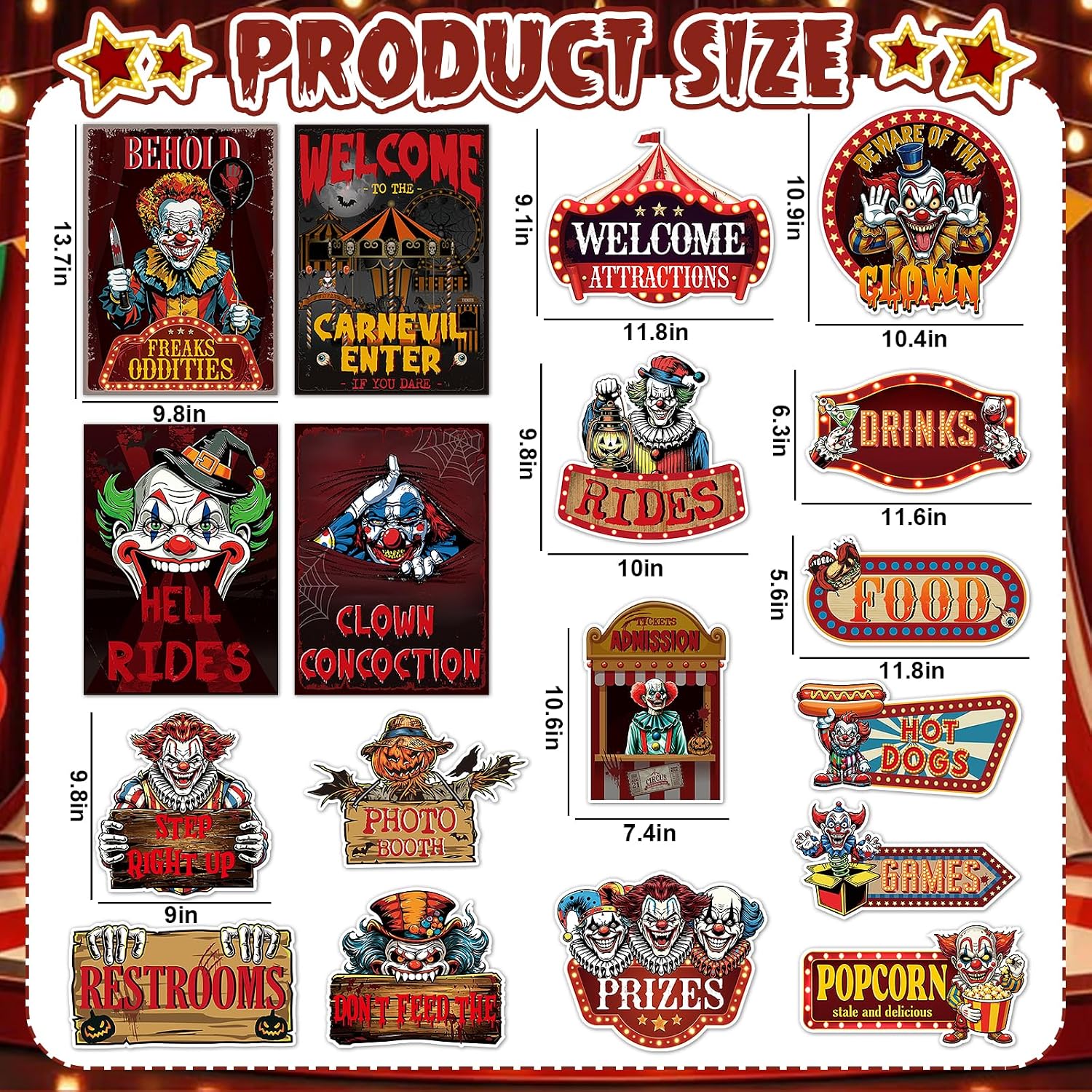 18 Pcs Large Halloween Circus Carnival Decorations Circus Theme Party Decorations Creepy Circus Party Cutouts Signs for Wall Indoor Outdoor Halloween Birthday Party Supplies