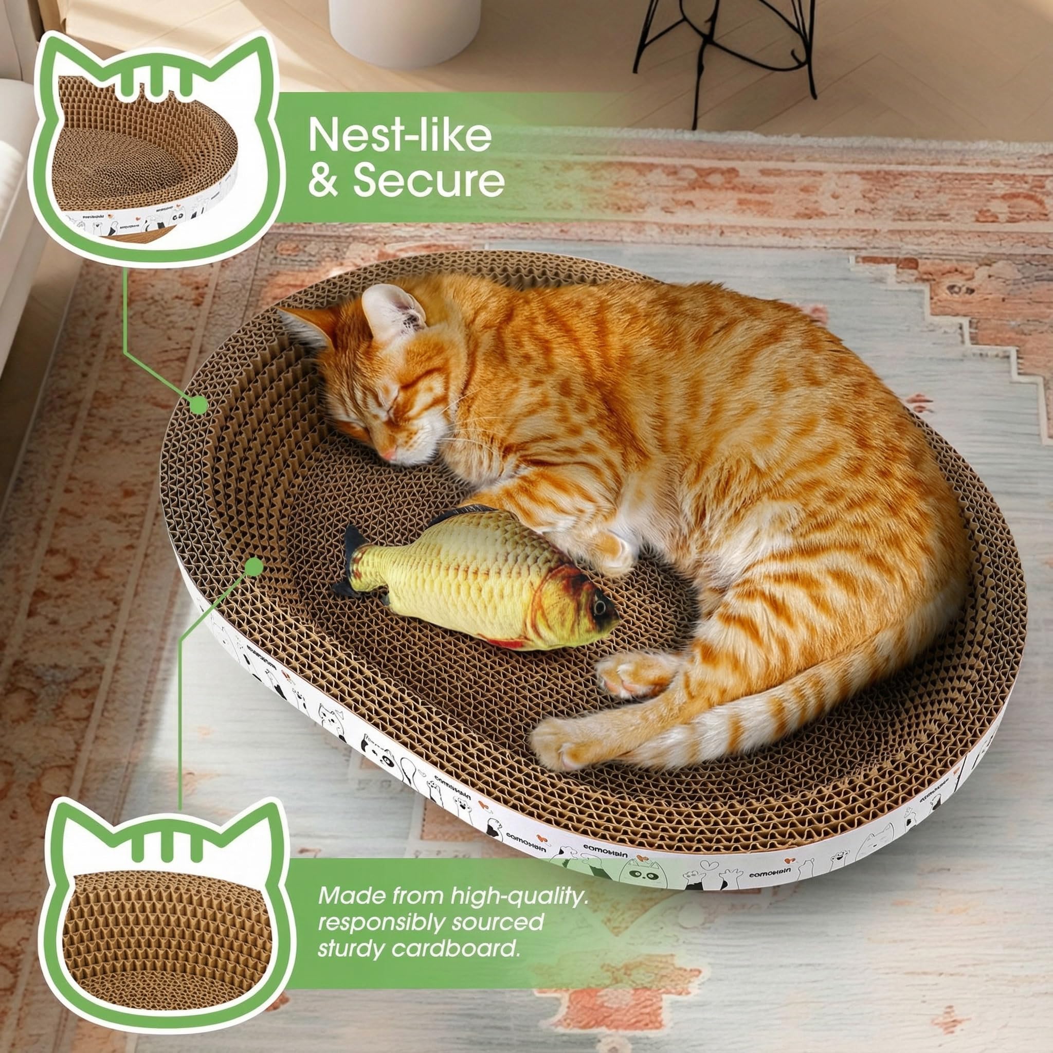 5 in 1 include 2 tiragraffi ovali in cartone ondulato + 1 casetta tiragraffi per gatti + 1 tappetino tiragraffi per gatti da interno durevole + 1 strumento per la rimozione dei peli degli animali